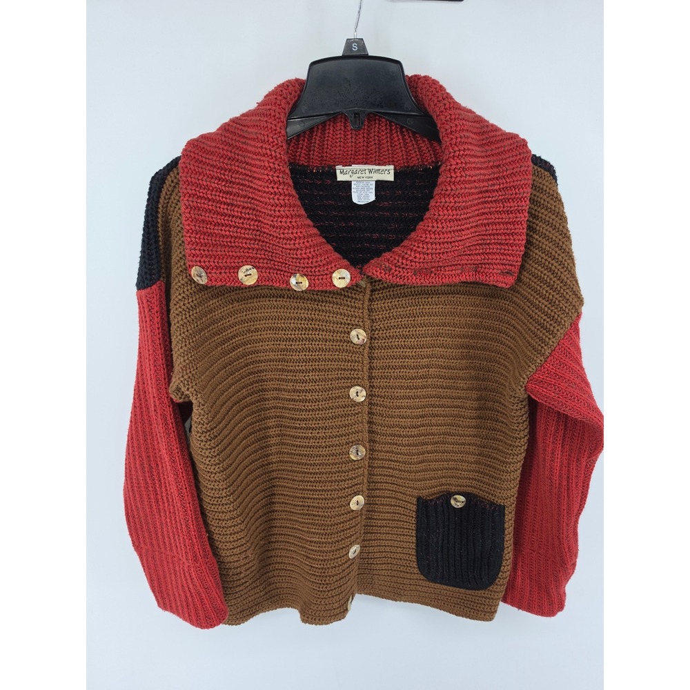 Margaret Winters Colorblock Chunky Knit Cardigan Shawl Collar Brown Red Black M